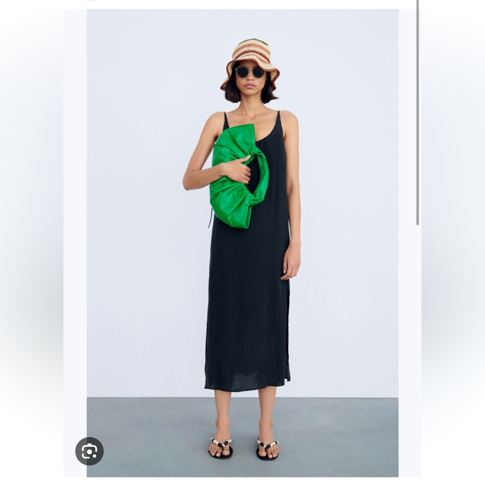 Zara Black Strappy Sleeve Side Slit Scoop Neck Midi Dress